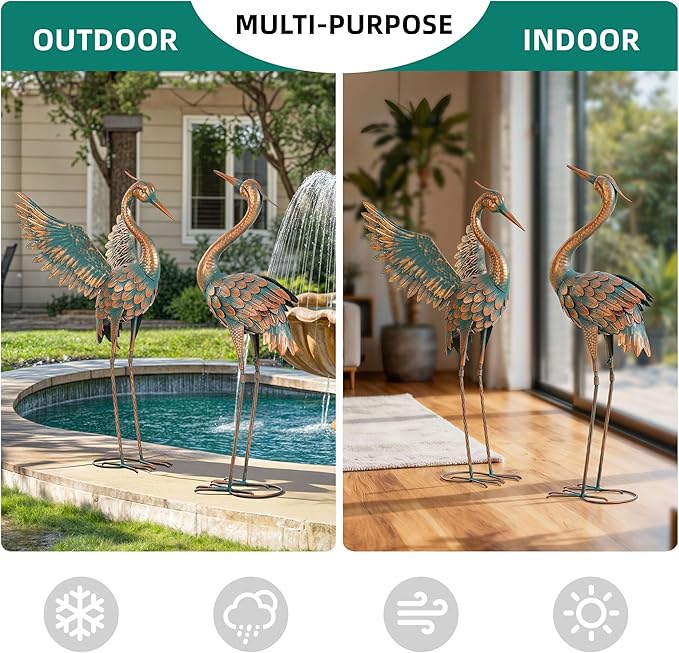 Ultym Extra-Large 36.8" Metal Crane Garden Statue, Handcrafted Blue Heron Decor Sculptures with Stable U-Ground Stakes, Backyard Decoration, Metal Garden Bird Animal Yard Art, Lawn Ornament Decor