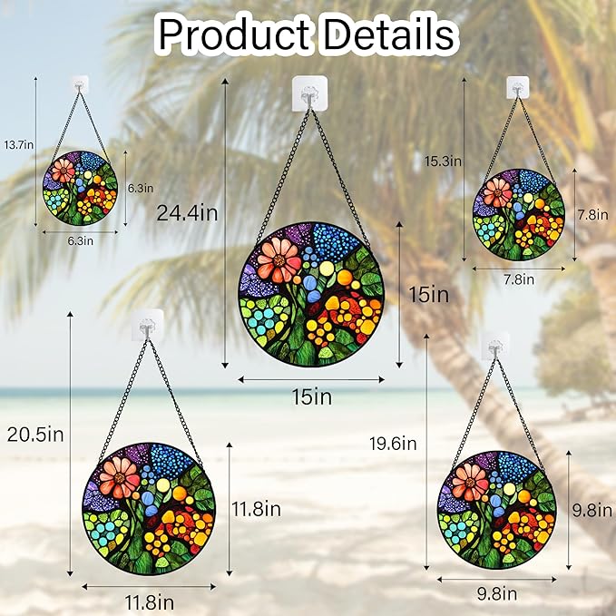 QZQCBLC Stained Glass Window Hanging Red Flowers Green Blue Orange Dots 7.8" - Suncatcher Door Garden Sun Catcher Home Decor Birthday Christmas for Mom Men Woman Nana
