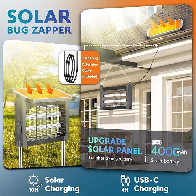 Solar Bug Zapper Outdoor, PhatroyYee Mosquito Zapper 4500V, Waterproof Portable Fly Zapper, Rechargeable Electric Mosquito Killer, Cordless Fly Insect Mosquitos Trap for Patio Yard Home Camping(Grey)