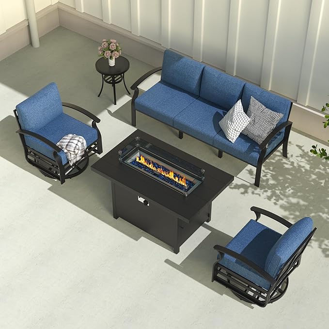 Aluminum Patio Furniture Set with Fire Pit Table, 5 Seats Outdoor Patio Conversation Set with Swivel Chair Modern Metal Patio Sectional Sofa with Upgrade Cushions for Patio, Backyard Navy
