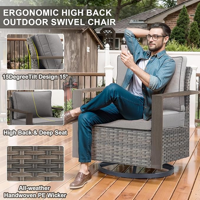 Belord 6 Piece Outdoor Patio Furniture Set with Propane Fire Pit Table, Wicker Patio Conversation Set with 2 Swivel Rocker Chairs Rattan Sofa and Removable 4" Thick Cushions for Deck Backyard