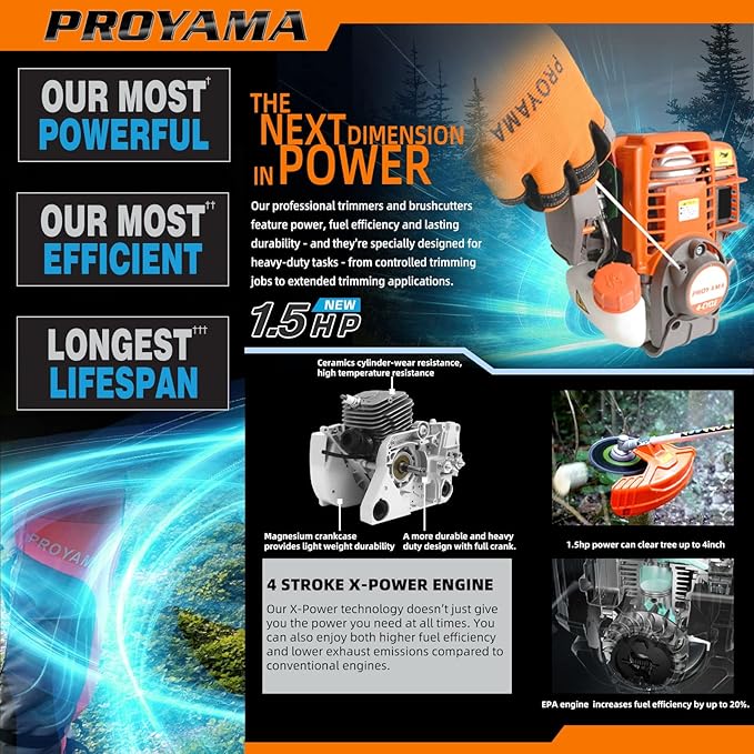 PROYAMA 40cc Gas Powered Brush Cutter, 4-Cycle Heavy Duty Weed Eater, 3 in 1 Dual Line Gas String Trimmer and Grass Trimmer, Weed Wacker