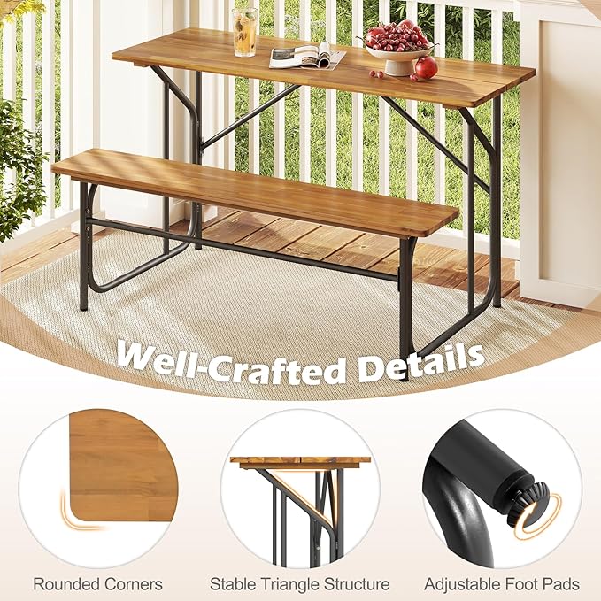 Tangkula Patio Dining Bench Set, Heavy-Duty Outdoor Acacia Wood Dining Furniture with Metal Legs for Balcony, Backyard, Poolside, Garden (1,52” x 32” x 29.5”)