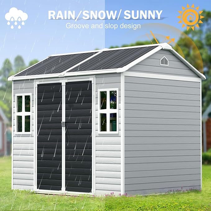 CDCASA 8x6 FT Resin Storage Shed, Waterproof Large Outdoor Sheds with Floor & Lockable Door, 2 Windows,Outside Plastic Tool Shed for Backyard, Patio, Poolside