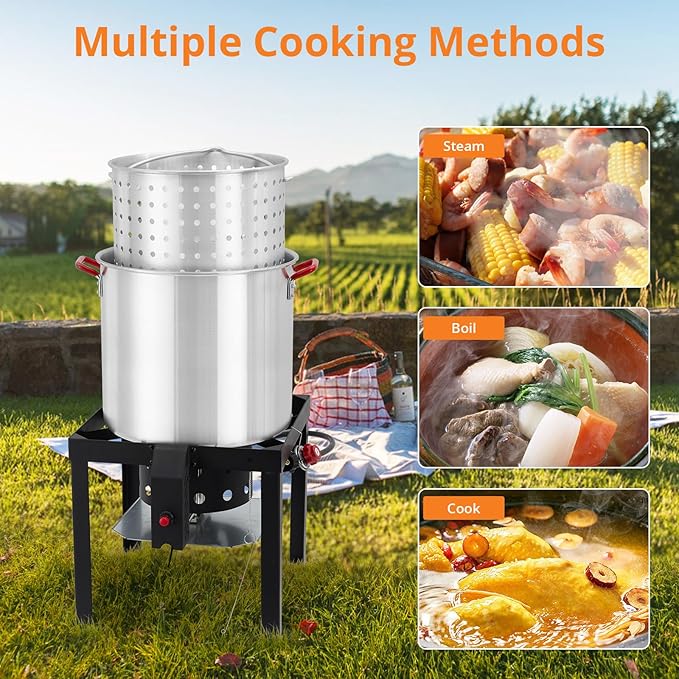 60 Qt Seafood Boil Pot, ACONEE Aluminum Crawfish Boiling Kit with Steam/Boil Basket & Strainer, 110000 BTU Propane Jet Burner & Lifting Hook, 10 PSI Regulator, Outdoor Cooking Shrimp Crab Boiler