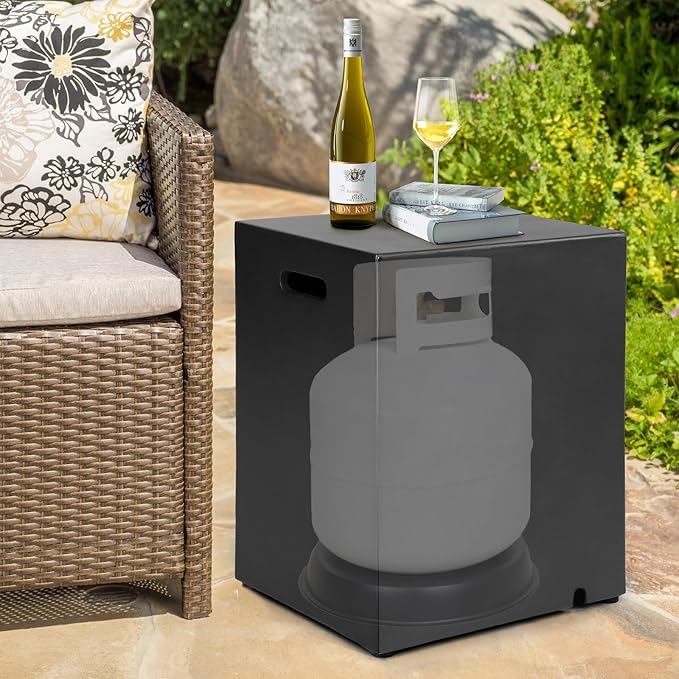 Propane Tank Cover Table, Modern Outdoor Gas Tank Covers, φ16 X 20inch Concrete Tank Storage Box Hideaway Table for Propane Gas Fire Pit and Rectangular Tank Holder with Handles (Black)