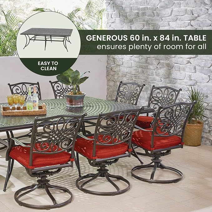 Hanover Traditions 11-Piece Modern Outdoor Dining Set with Rust Resistant Cast Aluminum Rectangular Large Dining Table and 10 Swivel Rocker Chairs with Plush Weather Resistant Red Cushions