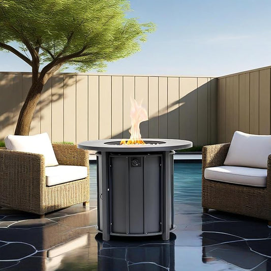 Propane Fire Pit Table, 30 Inch Firepits for Outside, Round Gas Fire Pit for Outside Patio, Propane Fire Table with Wood Grain Ceramic Tabletop for Patio, Backyard, 50000BTU, Black