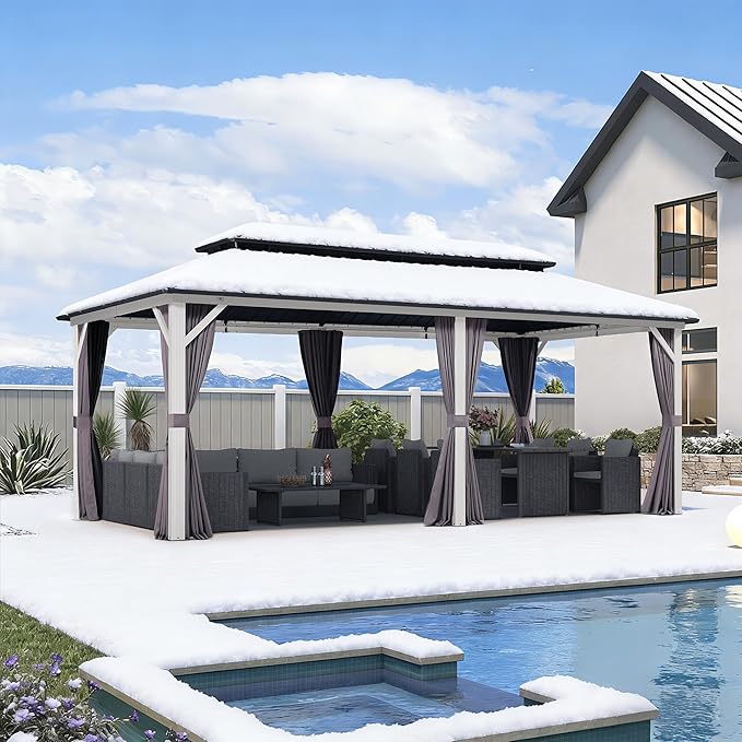 PURPLE LEAF 10' X 20' Hardtop Gazebo Metal Double Roof White Aluminum Frame Outdoor Heavy Duty Gazebo with Curtain and Netting for Patio Garden and Backyard, Grey