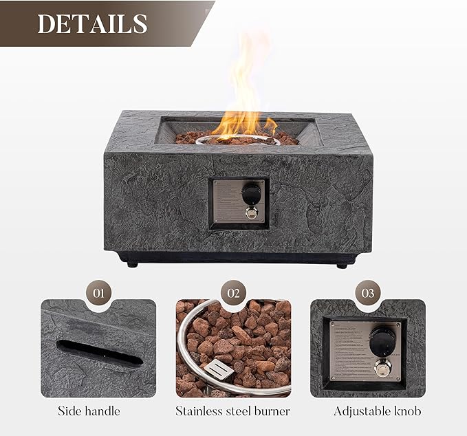 Cosiest Propane Fire Pit for Outside, 28 in Square Gas Fire Pits for Outdoor Patio, Certified, 50000 BTU Concrete Rectangle Base with Rain Cover, Free Lava Rocks