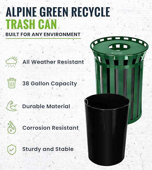 Alpine Commercial Outdoor Trash Can - 38 Gallon Heavy Duty Green Recycle Garbage Can with Liner, Open Top Lid, All Weather Resistant Large Outside Trash Can for Parks, Parking, School