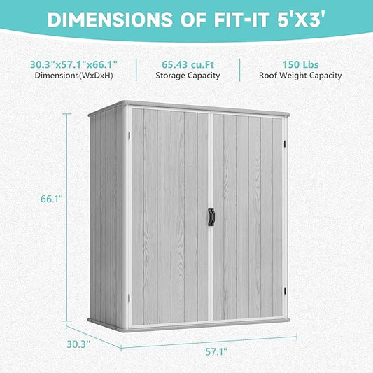 Greesum 5×3FT Plastic Outdoor Storage Shed with Floor, Resin Sheds with Lockable Door, Window and Vent, All-Weather Tool Storaged Sheds for Garden, Backyard, Patio, Light Gray (4.7×2.5FT)