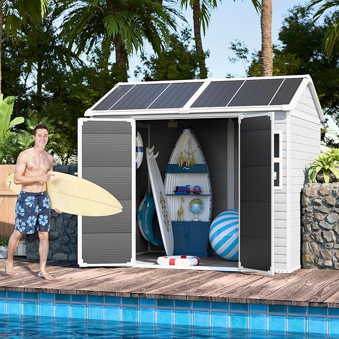 CDCASA 8x6 FT Resin Storage Shed, Waterproof Large Outdoor Sheds with Floor & Lockable Door, 2 Windows,Outside Plastic Tool Shed for Backyard, Patio, Poolside