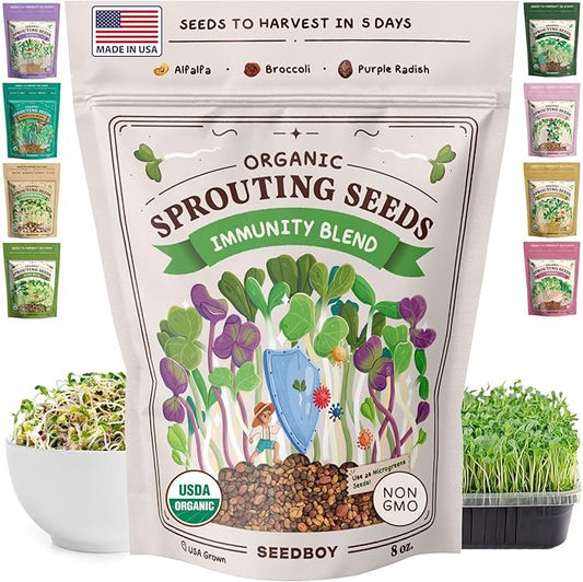 Seedboy Organic Non-GMO Sprouting Seeds, Immune System Booster - USA Grown Microgreens Mix with Broccoli, Purple Radish, Alfalfa - 8 oz Bag Makes 8 Quarts / 24 Servings (Immune System Booster Blend)
