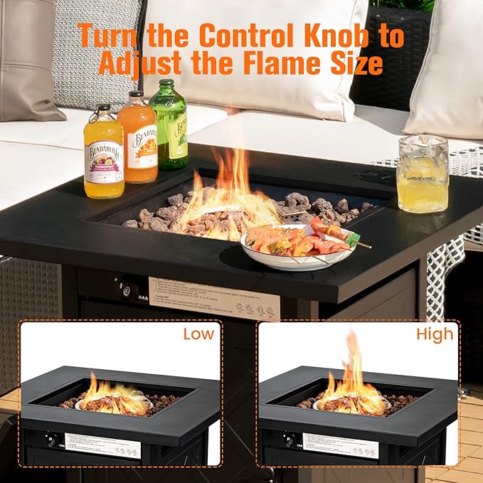 Tangkula 28 Inches Outdoor Propane Fire Pit Table, Patiojoy 50,000 BTU Patio Gas Fire Pit Table, 2-in-1 Square Auto-Ignition Fire Table with Lid and Lava Rocks for Backyard, Party