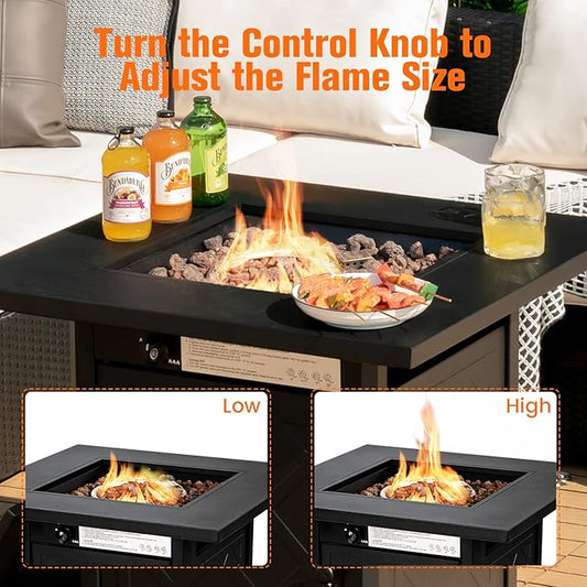Tangkula 28 Inches Outdoor Propane Fire Pit Table, Patiojoy 50,000 BTU Patio Gas Fire Pit Table, 2-in-1 Square Auto-Ignition Fire Table with Lid and Lava Rocks for Backyard, Party