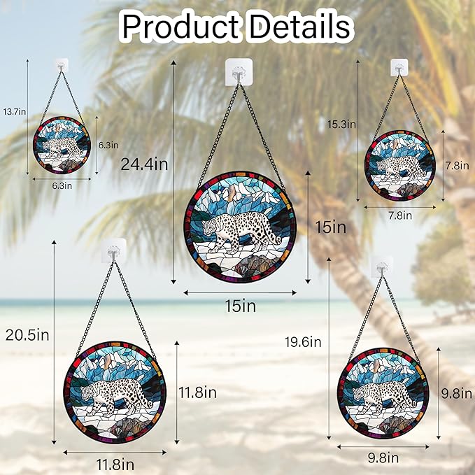 HKDGOKA Stained Glass Window Hanging Blue White Snow Mountain Leopard 6.3" - Suncatcher Door Garden Sunroom Sun Catcher Home Decor Birthday Christmas for Mom Men Woman Nana