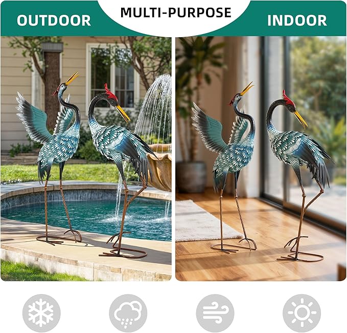 Ultym 36.8" Metal Crane Garden Statue, Handcrafted Extra-Large Blue Heron Decor Sculptures with Stable U-Ground Stakes, Backyard Decoration, Metal Garden Bird Animal Yard Art, Lawn Ornament Decor