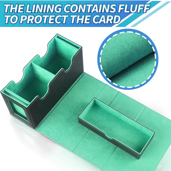 MTG Deck Box with 2 Commander Display,Commder Deck Box Fits 310+ Cards，with Dice Tray,Leather Magnetic,Fits for TCG CCG Magic Cards (Black Green)