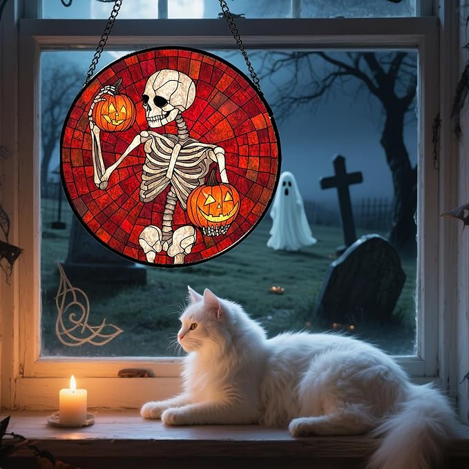 CRISGIF Stained Glass Window Hanging - Halloween Decorations Skeleton Pumpkin Suncatcher for Doors Garden Indoor Spooky Funny Sun Catchers Gothic Decor Horror Gifts for Women Men Friend 6.3 in