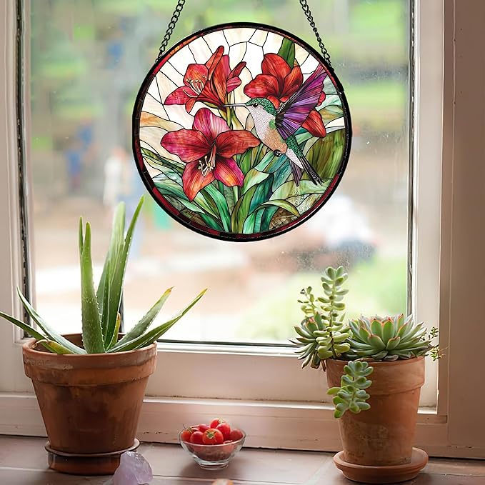 AMDERVEN Stained Glass Window Hanging - Hummingbird On Red Lily Flower Sun Catcher for Door Garden Decor Suncatcher Christmas Mother's Day Birthday Gifts for Bird Lovers Women Men Mom Nana 9.8 in