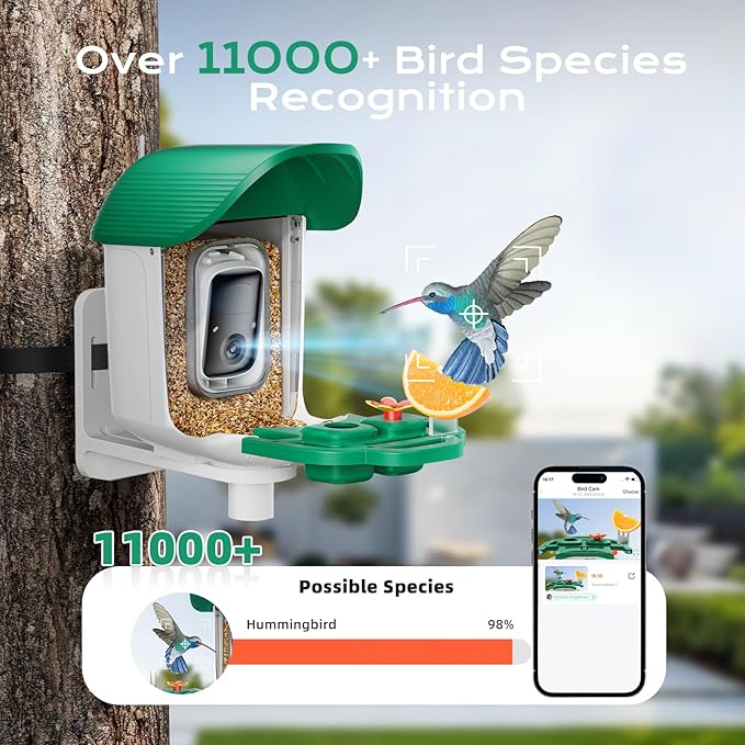 Bird Feeder with Camera, Solar Powered Outdoor Birdhouse, 2K HD AI Smart Identify Birds Species, Instant Motion Detection & Alerts, Capture BirdVideo, Gifts for Mom Dad and Bird-Lovers(Green)