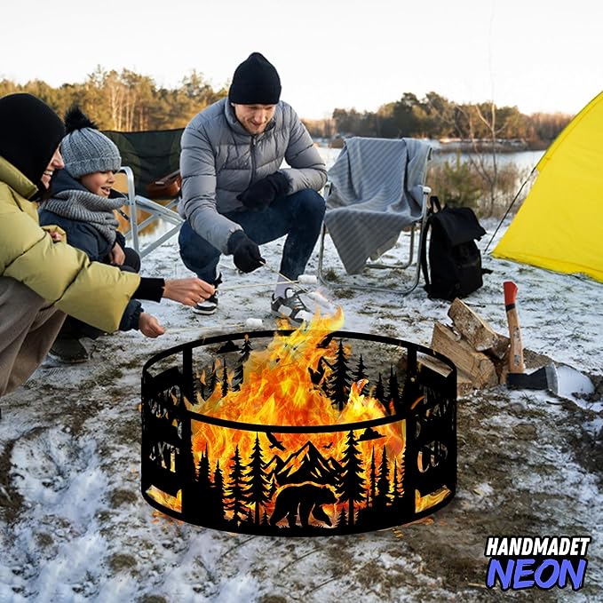Personalized Forest Bear Fire Pit Ring 360 Degree, Custom Outdoor Campfire Round Firepit, Pits Gifts for Wood Burning, Fireplace, Camping Essentials, Bonfire, Raised Garden Bed