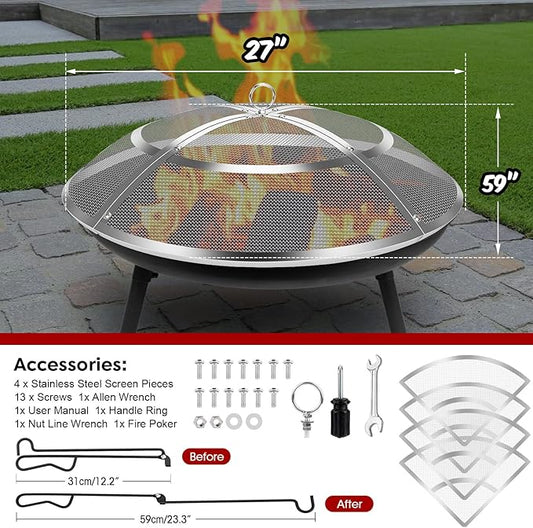 Fire Pit Spark Screen,27 Inch Fire Pit Screen Cover Stainless Steel Outdoor with Handle&Poker,Firepit Screens Cover Round Mesh Lid Heavy-Duty Steel Replacement for Backyard/Beach/RV Camping