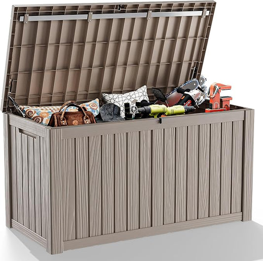 EasyUp 180 Gallon Outdoor Deck Box Waterproof, UV Resistant Resin Outdoor Storage Box with Hydraulic Rod for Delivery, Porch, Patio and Garden, Gray