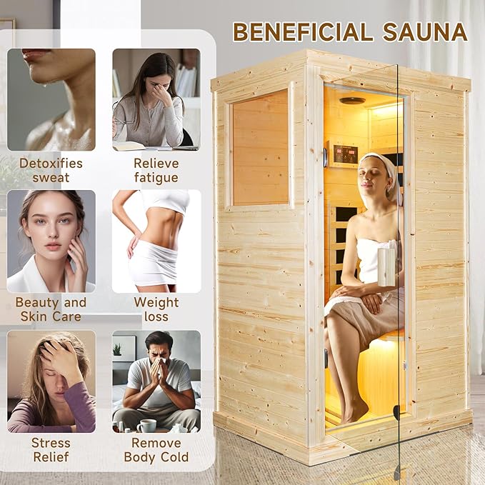 RIGO Sauna Infrared Far Infrared Sauna for Home 1 Person Sauna with Spruce Wood Dry Sauna for Home Sauna Room Low EMF Indoor Sauna for One Person in Home Sauna 900W with Speakers