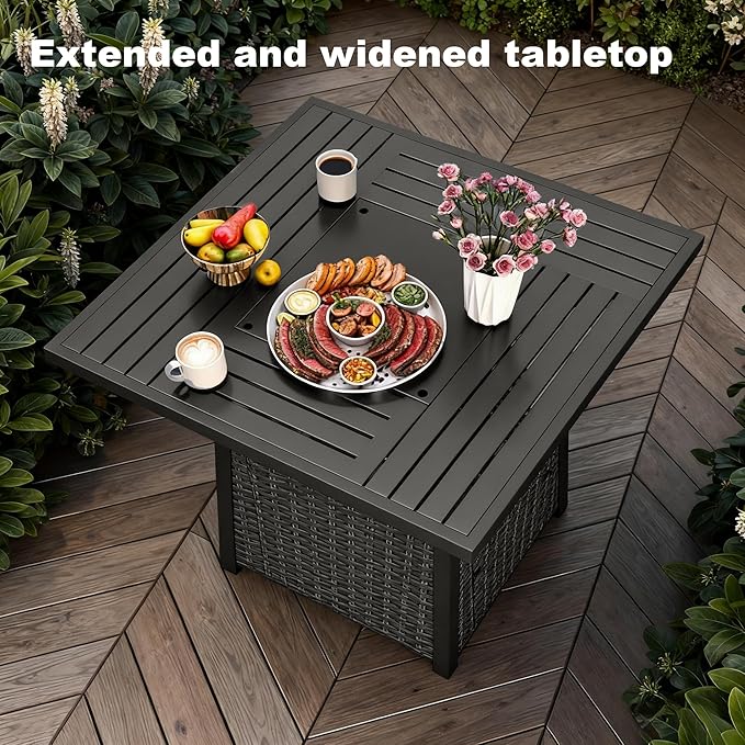 38" Outdoor Propane Fire Pit Table, 50000 BTU Gas Fire Table with Premium Metal Tabletop, Wicker Fire Pit w Rain Cover and Glass Wind Guard for Backyard,Garden,Patio