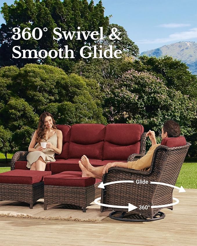 HILLGA Luxury High Back Patio Furniture Set with 6-Inch Thick Cushion, 5-Piece Outdoor Conversation Set with Loveseat, Swivel Rocker Chairs & Ottomans, Ideal for Porch Pool Deck Yard (Burgundy)