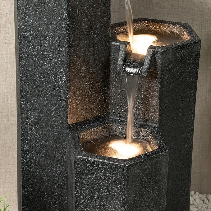 Puulye 27.95" H Outdoor Water Fountain Made with Eco-Friendly Recyclable Materials, Polyethylene Cascading Waterfall Fountain, Garden Waterfall Decor with LED Light & Pump for Patio, Backyard