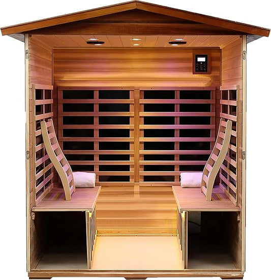LTCCDSS Ultra-Low EMF Outdoor Mahogany Sauna 4 Person Far Infrared Sauna for Home EMF Average 0.5 mG, Withstand Outdoor Temp -10℉-149℉ Chromotherapy, Bluetooth Speaker