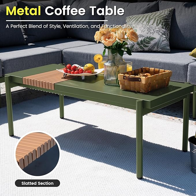 Sundale Outdoor 9 Pieces Patio Furniture Set, U-Shaped Outdoor Sectional Sofa with 6 Inch Olefin Cushion and Coffee Table, Modern Metal Outdoor Conversation Sets (8 Seats,Green Frame)