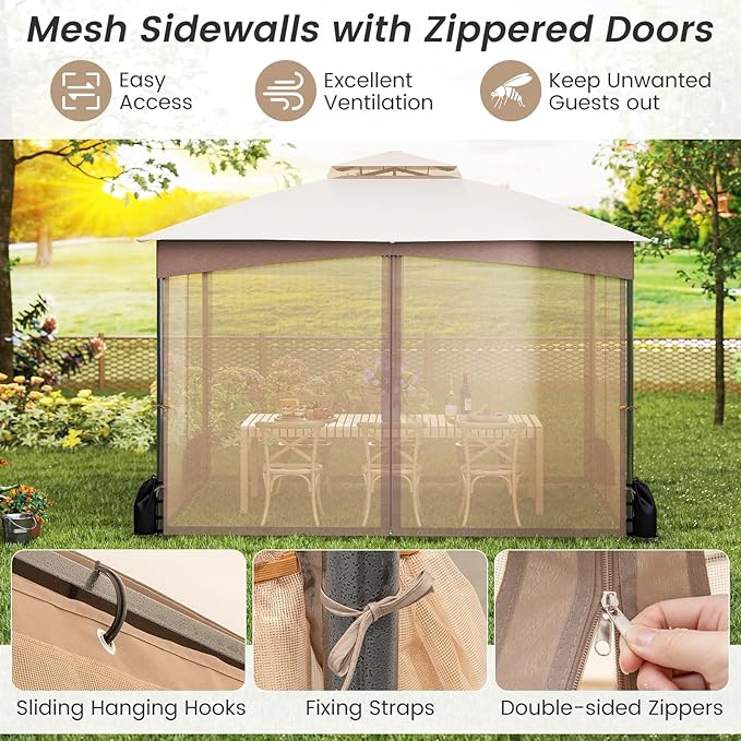 Tangkula 10x12 FT Outdoor Gazebo with Netting, Double Roof Patio Shelter with 4 Sandbags, Zippered Doors, Heavy-Duty Metal Frame, Metal Patio Gazebo for Yard Garden Lawn (Khaki)
