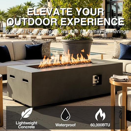 60-Inch Propane Fire Pit Table with Propane Tank Side Table,Set-2-Piece,60,000 BTU Concrete Gas Fire Pit with Free Rain Cover, Tank Seat, Lava Rocks, for Outside Patio Backyard,Dark Grey