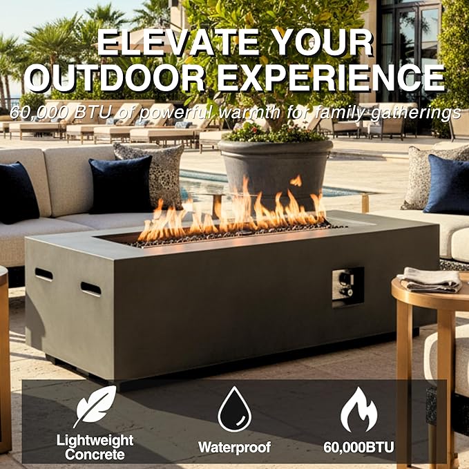 60-Inch Rectangular Propane Fire Pit Table, 60,000 BTU Concrete Outdoor Gas Fire Pit Table with Waterproof Cover, Tank Seat, Free Lava Rocks, for Outside Patio Backyard, Dark Grey