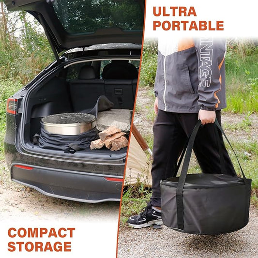 HGD 19.5 Inch Smokeless Firepit with Grill, Portable Wood Burning Fire Pit for Camping & Backyard, Stainless Steel Outdoor Fireplace with Travel Bag, Easy Setup & Compact Storage - Foldable Design