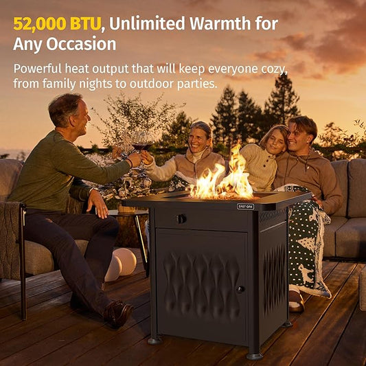 East Oak 28" Outdoor Fire Pit Table | 52,000 BTU Fire Pit Table for Outside with Magnetic Lid | Storage Basket & Lava Rocks | CSA Certified for Patio, Backyard & Garden | Black