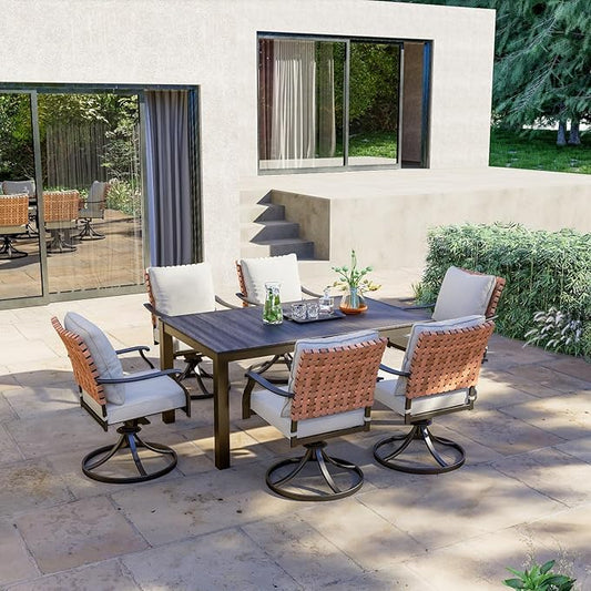 Grand patio 7-Piece Outdoor Dining Set, 6 Leather-Look Wicker Swivel Patio Chairs & 1 Rectangular Faux Woodgrain Dining Table, Dark Brown