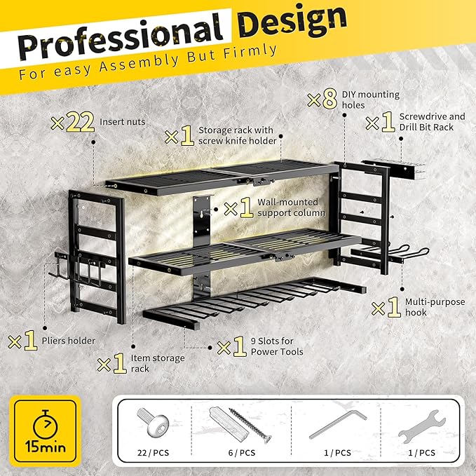 Power Tool Organizer Wall Mount Heavy Duty 320 lbs, 3-Tier Rack with 9 Drill Holders & Battery Storage for Garage, Workshop & Tool Room，Gifts for Men Who Have Everything