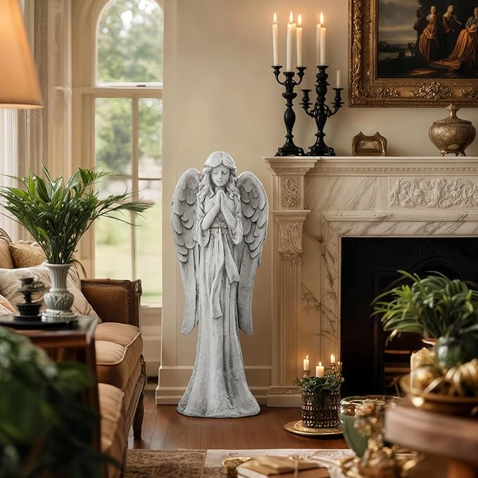 Ultym Praying Angel Statue for Outdoor Garden, 26.4 Inch Large Heavenly Memorial Sculpture,Durable MGO Stone Standing Angels for Yard, Patio or Cemetery Decor,Offering Comfort & Peace, Antique White