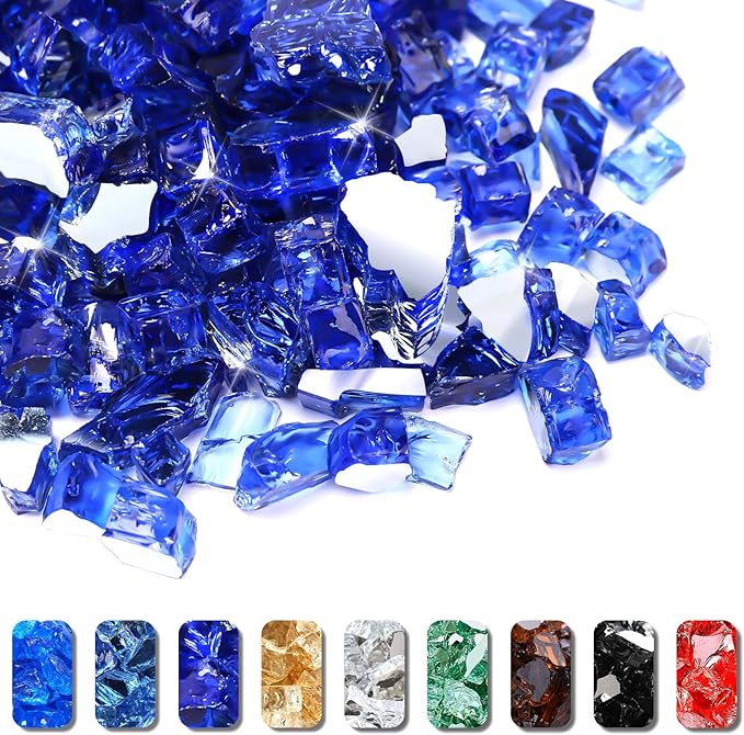 Grisun Blue Fire Glass for Fire Pit - 1/2 Inch High Luster Reflective Tempered Glass Rocks for Natural or Propane Fireplace, Safe for Outdoors and Indoors Firepit Glass, 10 Pounds