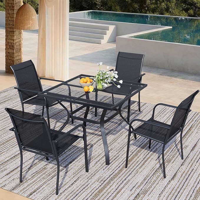 5 Piece Outdoor Dining Set, Patio Table and Chairs Set of 4, 37.5" Black Square Patio Table with 4 Black Stackable Patio Chairs for Lawn, Garden, Porch
