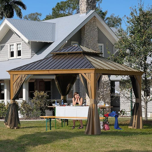 12' x 12' Hardtop Gazebo Outdoor Aluminum Gazebos Wood Grain with Galvanized Steel Double Canopy for Patios Deck Backyard,Curtains&Netting by domi outdoor living