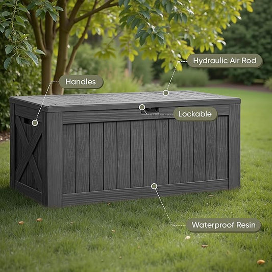 Flamaker Resin Deck Box 120 Gallon Waterproof Large Outdoor Indoor Storage Box Imitation Wood Resin for Patio Furniture Garden Tools and Pool (Gray)