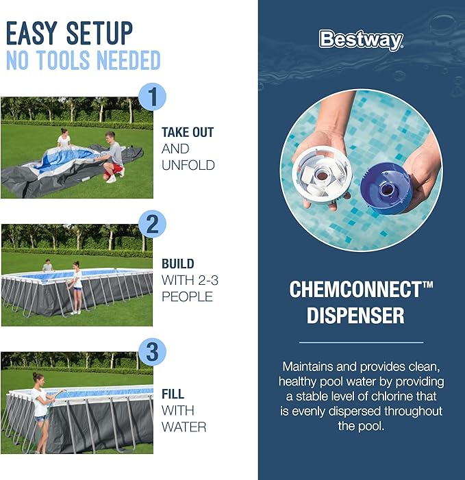 Bestway Power Steel 18' x 9' x 48" Rectangular Metal Frame Above Ground Outdoor Swimming Pool Set with 1,500 GPH Filter Pump, Ladder, and Pool Cover