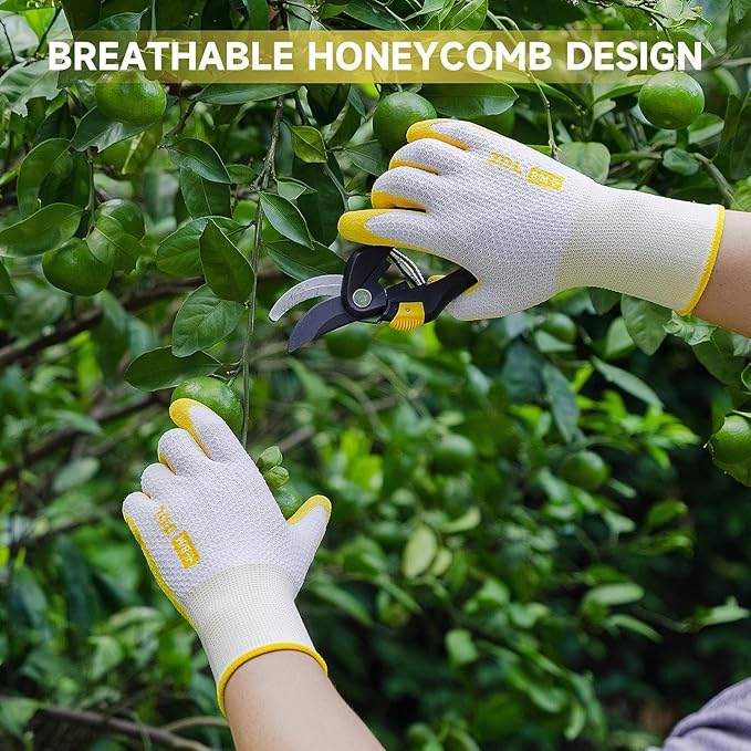 JDL Gardening Gloves for Women, 2 Pairs Breathable Latex Coated Yard Garden Gloves, Rubber Outdoor Protective Work Gloves with Grip, Yellow, Small Size