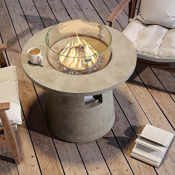 HOMPUS Outdoor Propane Fire Pit, 31 inch Round Gray Propane Fire Pit with 10lbs Aqua Transparent Gray Fire Glass, 40000 BTU Gas Smokeless Fire Pit Table, Patio Concrete Firepit with Rain Cover